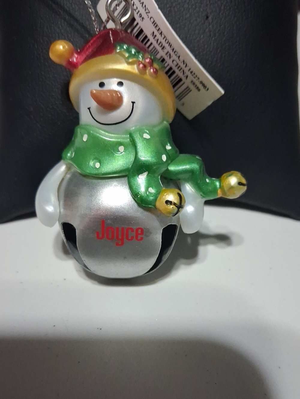 GANZ Silver Snowman Bell Ornament with Green Scarf and Red Hat